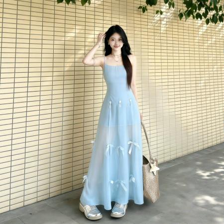 BY18814# 法式一裙三穿气质蓝色吊带连衣裙夏海边度假独特绝美收腰a字长裙 服裝批發女裝批發服飾貨源