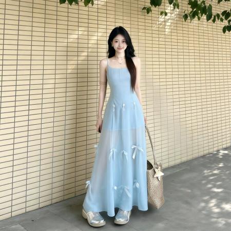 BY18814# 法式一裙三穿气质蓝色吊带连衣裙夏海边度假独特绝美收腰a字长裙 服裝批發女裝批發服飾貨源