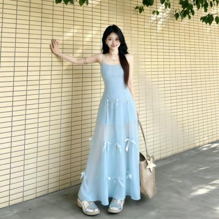BY18814# 法式一裙三穿气质蓝色吊带连衣裙夏海边度假独特绝美收腰a字长裙 服裝批發女裝批發服飾貨源