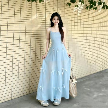 BY18814# 法式一裙三穿气质蓝色吊带连衣裙夏海边度假独特绝美收腰a字长裙 服裝批發女裝批發服飾貨源