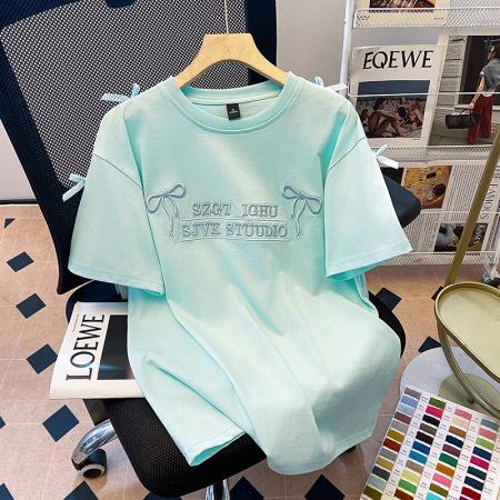 BY18815# 双纱纯棉短袖t恤女夏新款潮刺绣花中长正肩圆领上衣 服裝批發女裝批發服飾貨源