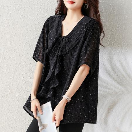 BY18816# 波点娃娃领雪纺衬衫女夏季新款短袖上衣大码欧货薄衬衣 服裝批發女裝批發服飾貨源