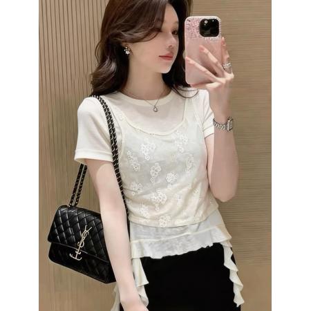 BY18819# 高端欧货春夏新款不规则荷叶边短袖T恤+蕾丝背心叠穿两件套上衣女 服裝批發女裝批發服飾貨源