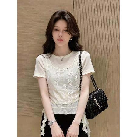 BY18819# 高端欧货春夏新款不规则荷叶边短袖T恤+蕾丝背心叠穿两件套上衣女 服裝批發女裝批發服飾貨源
