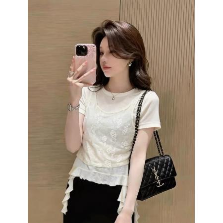 BY18819# 高端欧货春夏新款不规则荷叶边短袖T恤+蕾丝背心叠穿两件套上衣女 服裝批發女裝批發服飾貨源