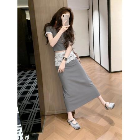 BY18820# 夏装流行穿搭一整套高级感独特漂亮绝美灰色蕾丝拼接T恤套装裙女 服裝批發女裝批發服飾貨源