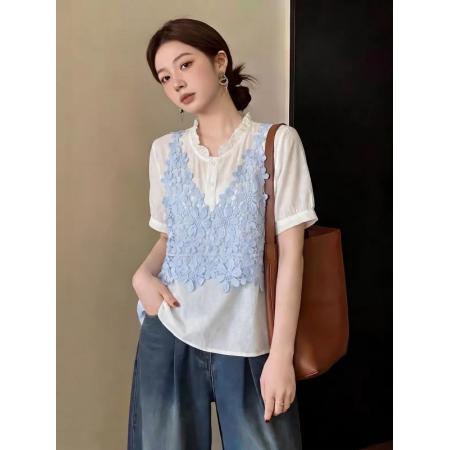 BY18821# 设计感钩花镂空马甲正肩衬衫女夏新款胖mm减龄小衫假两件上衣 服裝批發女裝批發服飾貨源
