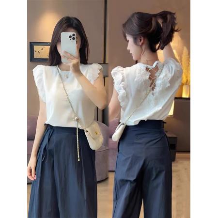 BY18822# 白色镂空露背蕾丝长袖t恤女新款爆款夏季宽松设计感休闲上衣 服裝批發女裝批發服飾貨源