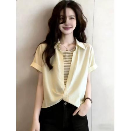 BY18823# 假两件短袖衬衫女夏季新款条纹背心叠穿上衣两件套 服裝批發女裝批發服飾貨源