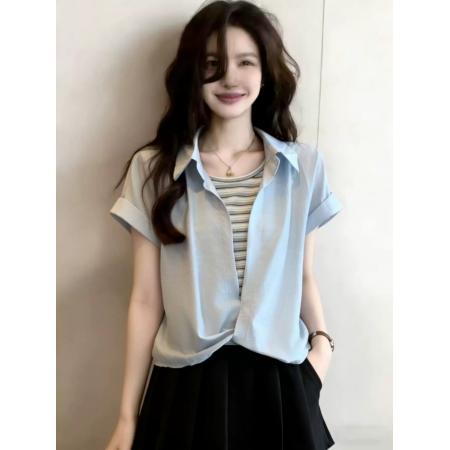 BY18823# 假两件短袖衬衫女夏季新款条纹背心叠穿上衣两件套 服裝批發女裝批發服飾貨源
