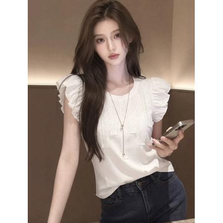BY18824# 新款韩系夏季法式温柔风泡泡袖白色上衣女荷叶边系带休闲T恤 服裝批發女裝批發服飾貨源