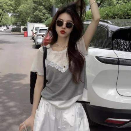 BY18825# 韩系假两件蕾丝拼接圆领短袖t恤女夏季薄款独特设计感短款上衣 服裝批發女裝批發服飾貨源