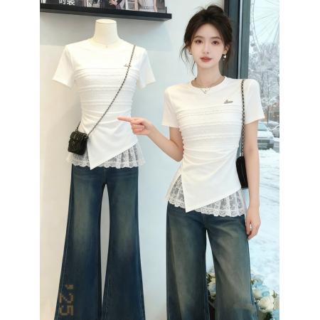 BY18826# 不规则短袖t恤女夏季高级感新款显瘦遮肉拼接蕾丝上衣 服裝批發女裝批發服飾貨源