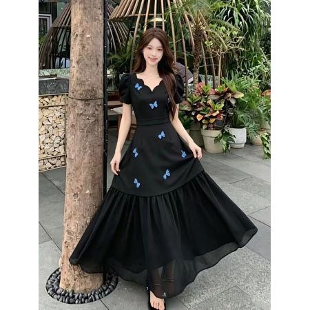 BY18828# 夏季新款胖mm法式赫本风黑色v领蝴蝶印花拼接连衣裙长裙子女 服裝批發女裝批發服飾貨源