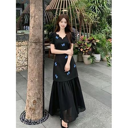 BY18828# 夏季新款胖mm法式赫本风黑色v领蝴蝶印花拼接连衣裙长裙子女 服裝批發女裝批發服飾貨源