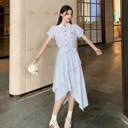 BY18830# 学院风条纹翻领衬衫连衣裙女夏季新款设计感不规则下摆裙子 服裝批發女裝批發服飾貨源