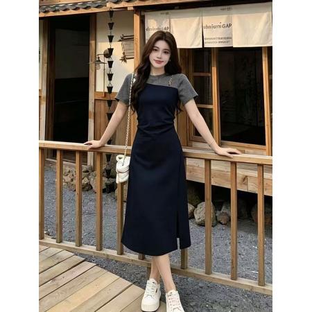 BY18833# 夏季新款胖mm设计感假两件拼接收腰减龄高级气质中长款连衣裙 服裝批發女裝批發服飾貨源