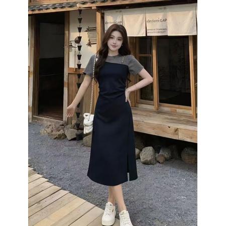 BY18833# 夏季新款胖mm设计感假两件拼接收腰减龄高级气质中长款连衣裙 服裝批發女裝批發服飾貨源