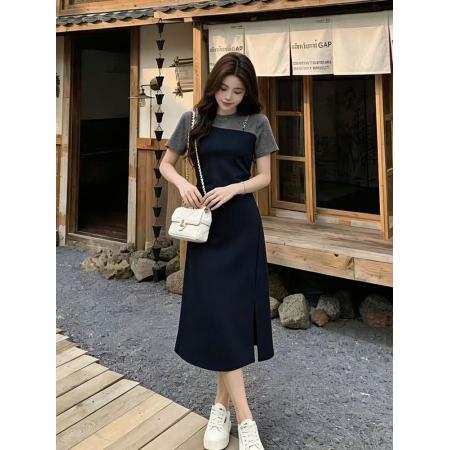 BY18833# 夏季新款胖mm设计感假两件拼接收腰减龄高级气质中长款连衣裙 服裝批發女裝批發服飾貨源