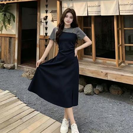 BY18833# 夏季新款胖mm设计感假两件拼接收腰减龄高级气质中长款连衣裙 服裝批發女裝批發服飾貨源