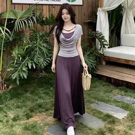 BY18834# 胖mm温柔风荡领假两件拼接连衣裙夏季新款遮肉气质绝美长裙子 服裝批發女裝批發服飾貨源