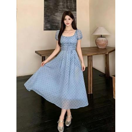 BY18835# 新款胖mm法式蓝色波点海边度假方领连衣裙夏季收腰显瘦长裙子 服裝批發女裝批發服飾貨源