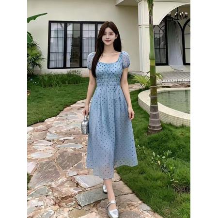 BY18835# 新款胖mm法式蓝色波点海边度假方领连衣裙夏季收腰显瘦长裙子 服裝批發女裝批發服飾貨源