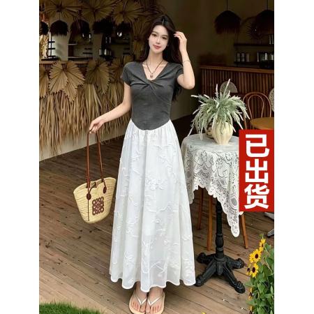 BY18836# 夏季新款胖mm设计感V领扭结针织拼接新中式提花连衣裙长裙子 服裝批發女裝批發服飾貨源