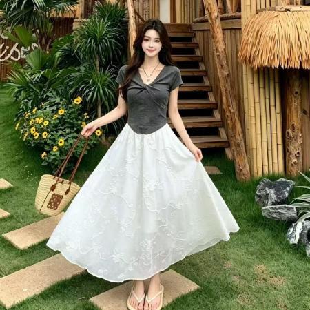 BY18836# 夏季新款胖mm设计感V领扭结针织拼接新中式提花连衣裙长裙子 服裝批發女裝批發服飾貨源