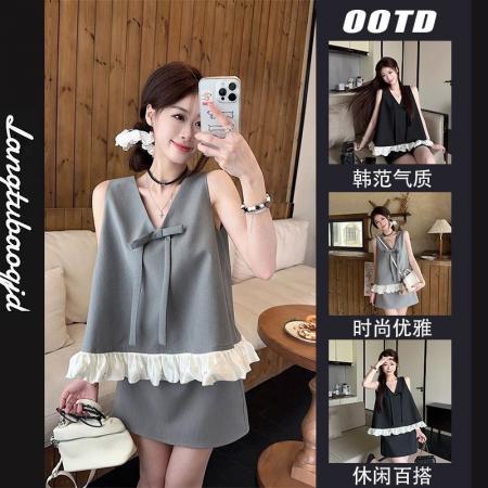 BY18838# 高级感气质套装无袖宽松蝴蝶结背心女装夏季高腰包臀半身裙两件套 服裝批發女裝批發服飾貨源