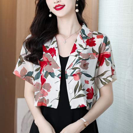 BY18841# 西装领宽松短袖小碎花衬衫女雪纺上衣 服裝批發女裝批發服飾貨源