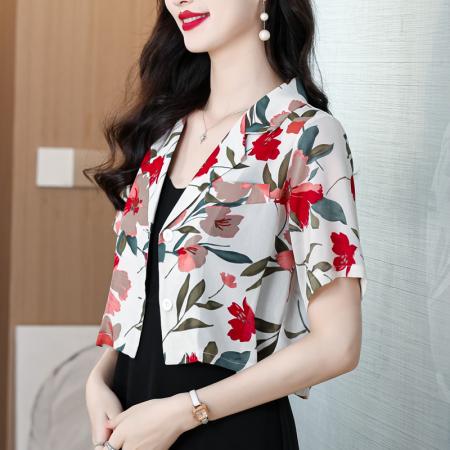 BY18841# 西装领宽松短袖小碎花衬衫女雪纺上衣 服裝批發女裝批發服飾貨源