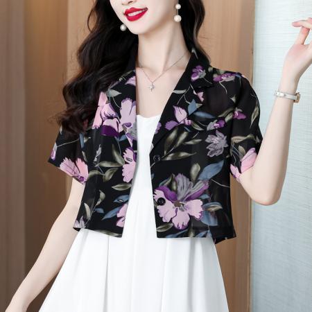 BY18841# 西装领宽松短袖小碎花衬衫女雪纺上衣 服裝批發女裝批發服飾貨源