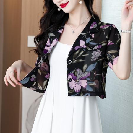 BY18841# 西装领宽松短袖小碎花衬衫女雪纺上衣 服裝批發女裝批發服飾貨源