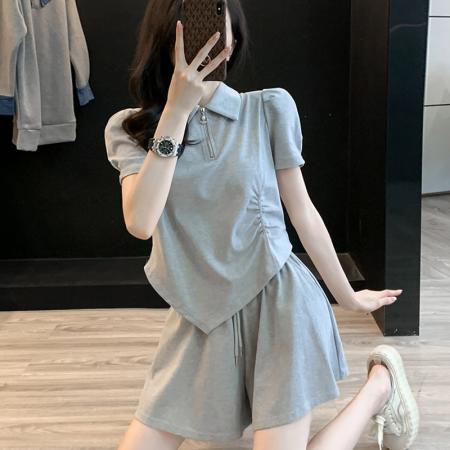 BY18849# 灰色休闲运动短袖套装女夏季时尚网红炸街俏皮活泼阔腿短裤两件套 服裝批發女裝批發服飾貨源