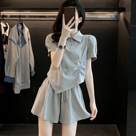 BY18849# 灰色休闲运动短袖套装女夏季时尚网红炸街俏皮活泼阔腿短裤两件套 服裝批發女裝批發服飾貨源