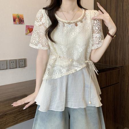 BY18852# 波嬉系钩花镂空短袖蕾丝衫上衣女夏季假两件遮肚衬衫 服裝批發女裝批發服飾貨源