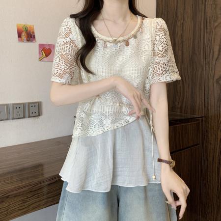 BY18852# 波嬉系钩花镂空短袖蕾丝衫上衣女夏季假两件遮肚衬衫 服裝批發女裝批發服飾貨源
