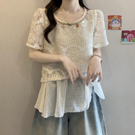 BY18852# 波嬉系钩花镂空短袖蕾丝衫上衣女夏季假两件遮肚衬衫 服裝批發女裝批發服飾貨源