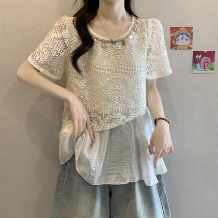 BY18852# 波嬉系钩花镂空短袖蕾丝衫上衣女夏季假两件遮肚衬衫 服裝批發女裝批發服飾貨源