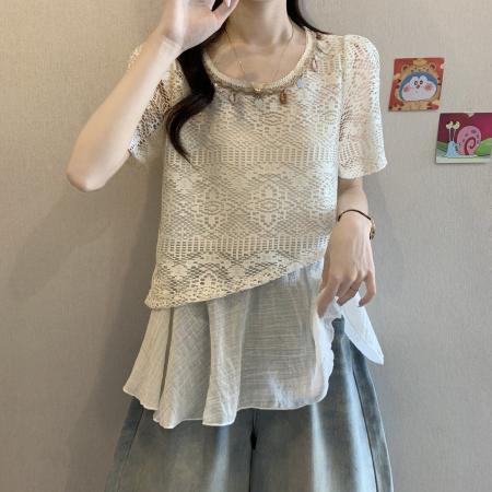 BY18852# 波嬉系钩花镂空短袖蕾丝衫上衣女夏季假两件遮肚衬衫 服裝批發女裝批發服飾貨源