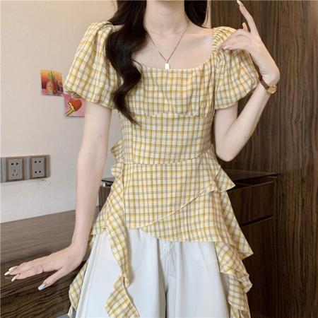 BY18854# 法式泡泡袖黄色格子短袖衬衫夏收腰遮肚超好看方领上衣 服裝批發女裝批發服飾貨源