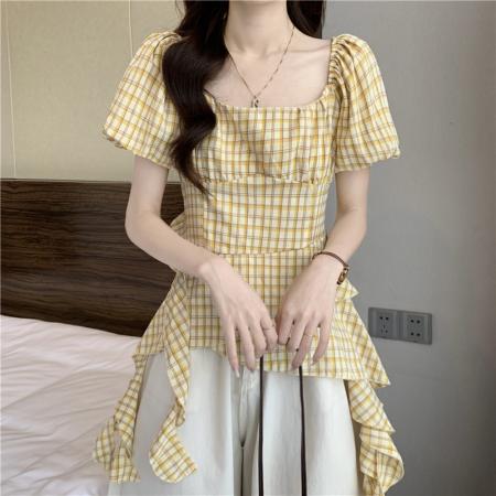 BY18854# 法式泡泡袖黄色格子短袖衬衫夏收腰遮肚超好看方领上衣 服裝批發女裝批發服飾貨源