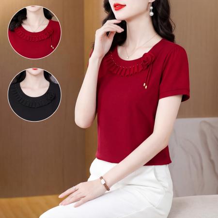 BY18857# 夏季新款T恤短袖圆领设计感玫瑰遮肉显身材气质百搭上衣 服裝批發女裝批發服飾貨源