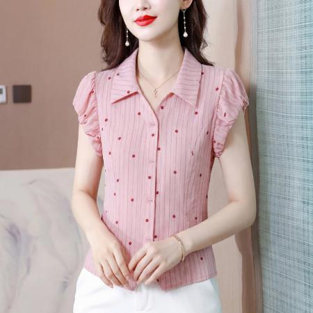 BY18858# 夏季新款衬衣女波点条纹印花小衫隐形拉链收腰显瘦气质上衣女 服裝批發女裝批發服飾貨源