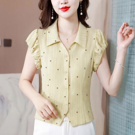 BY18858# 夏季新款衬衣女波点条纹印花小衫隐形拉链收腰显瘦气质上衣女 服裝批發女裝批發服飾貨源