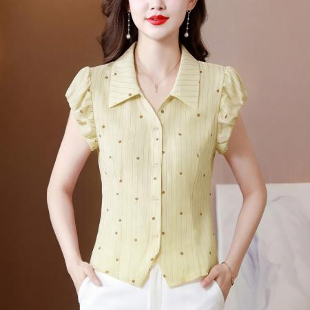 BY18858# 夏季新款衬衣女波点条纹印花小衫隐形拉链收腰显瘦气质上衣女 服裝批發女裝批發服飾貨源