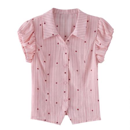 BY18858# 夏季新款衬衣女波点条纹印花小衫隐形拉链收腰显瘦气质上衣女 服裝批發女裝批發服飾貨源