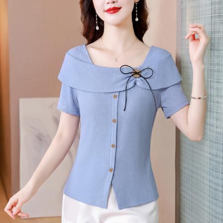 BY18859# 夏季新款时尚短袖小衫法式甜美设计感小众修身纯色百搭上衣女 服裝批發女裝批發服飾貨源
