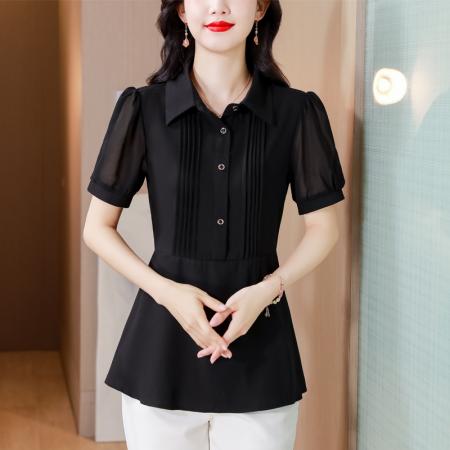 BY18860# 夏季新款衬衫女短袖衬衫领通勤超修身纯色气质简约百搭上衣 服裝批發女裝批發服飾貨源